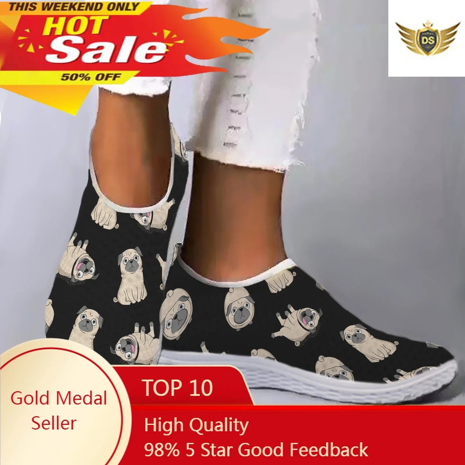 Black Fun Pug Print House Shoes Pet Dog Print Lightweight Soft Mesh Shoes Summer Outdoor Breathable Casual Shoes