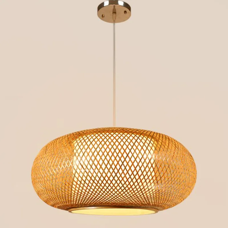 

Round Hand Knitted Bamboo Rattan Pendant Light Cord Fixture Rustic Asian Japanese Style Tatami Lamp Luminaria Dining Table Room