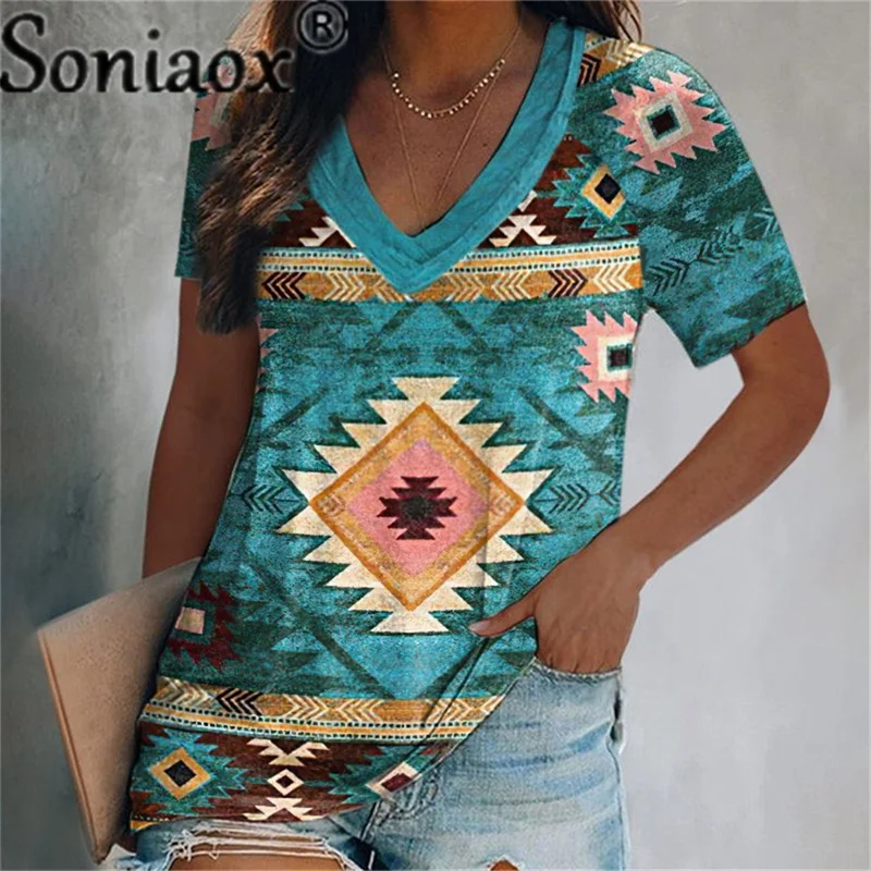 

Vintage Indie Folk Women Print T Shirt Casual Short Sleeve V-Neck Loose Geometric Print T Shirt 2022 Summer Tops Female Pullover