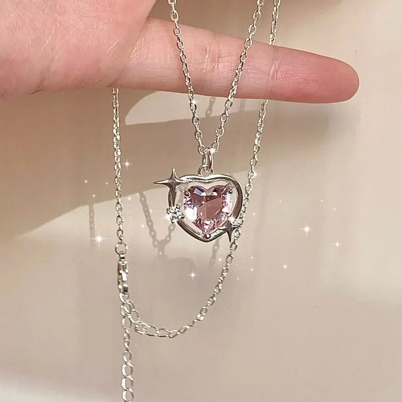 Pendant Necklace 1pcs Silver-plated Women Light Luxury Fashion Pink Glass Diamond Heart Pendant Jewelry