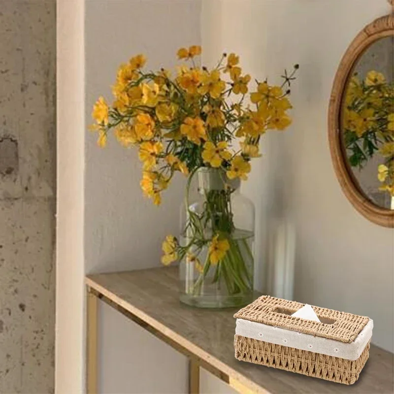 Hot Creative Handmade Rattan Tissue Box Household Paper Storage Basket Home Decoration Khaki Floral Style 1 PCS  napkin holder 4