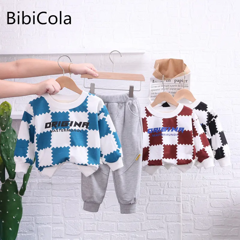 

Baby boy clothes spring and autumn long-sleeved cotton boy plaid fashion suit boy round neck sweater + trousers boy 2 piece set