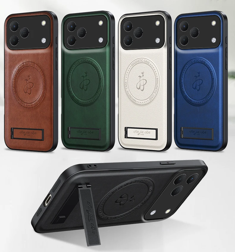 Leather Stand Case with Shockproof Magnetic Holder and Camera Protector Shell