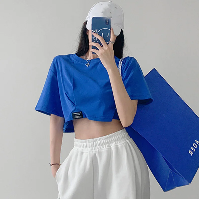 harajuku Simple solid color Crop Top Women Casual Short Sleeve T shirt Summer sexy loose young girl short T-shirt korean clothes