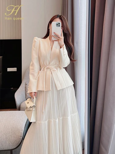 H Han Queen 여성용 우아한 한국 레이스업 패션 블레이저 + 롱 메쉬 스커트, 캐주얼 이브닝 파티 2 종 세트, 가을 신상 스커트 3