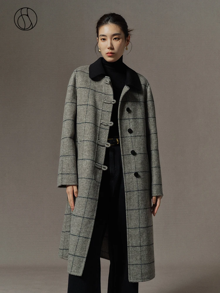 DUSHU Retro British Style One-hand Length Double-sided Woolen Coat for Women 2023 Winter New Solid Color 100% Wool Coats Female