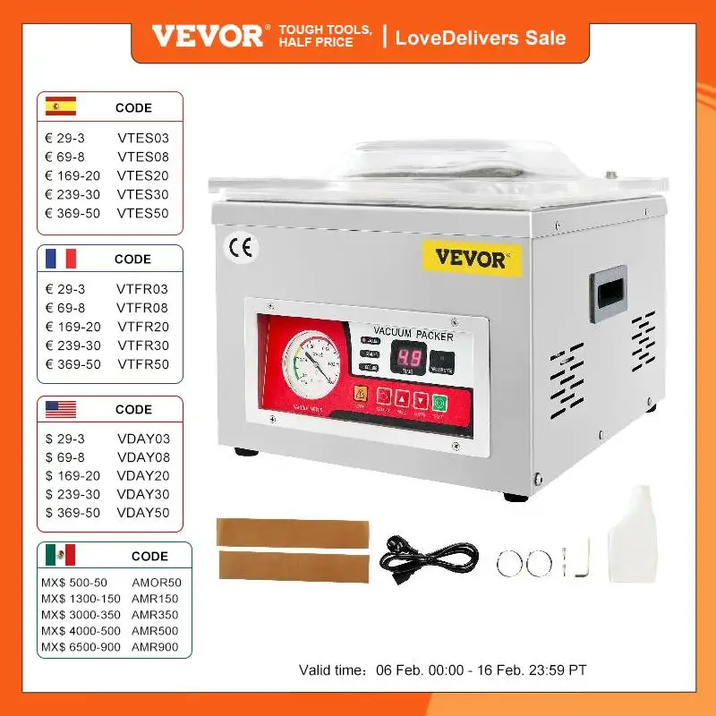 Vevor Food Vacuum Packing Machine Commercial Chamber Vacuum Sealer Dz-260A Kitchen Meat Bag Packaging Food Saver Sealing Machine