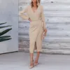 Wrap V Neck Long Sleeve Sweater Dresses For Women Autumn Winter Elegant Commute Tie Waist Bodycon Knit Midi Dress Party Vestidos 1