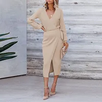 Wrap V Neck Long Sleeve Sweater Dresses For Women Autumn Winter Elegant Commute Tie Waist Bodycon Knit Midi Dress Party Vestidos 1