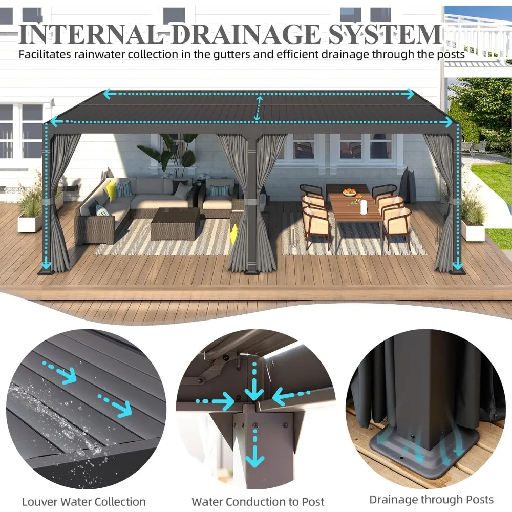 12x24, Aluminum Pergola with Adjustable Louvered Roof, Outdoor Pergola with Waterproof Curtains and Nets, Dark Grey, Gazebos 5