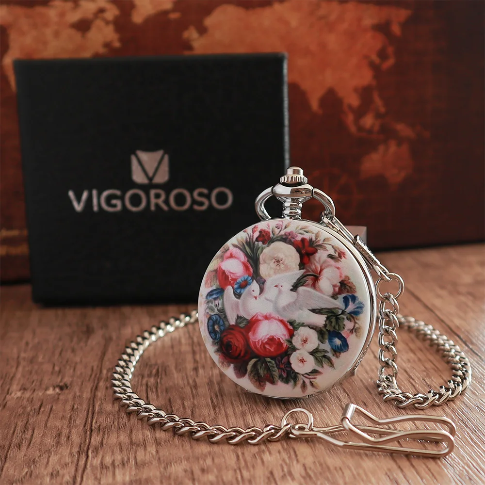 VIGOROSO 기계식 주머니 시계 절묘한 에나멜 페인팅 빈티지 Fob 체인 주머니 시계 Mens Womens Gifts