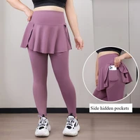 Plus Size Fit 200lbs Yoga Fake Two Items Leggings with Pockets Sharkskin High-Waisted Skirt Pants Gym  Trainning Slim Tights