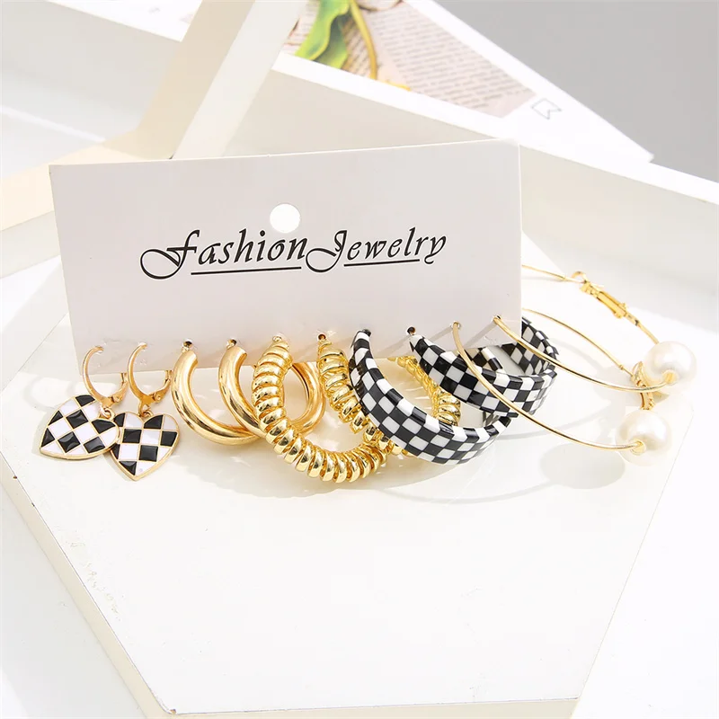 Colorful Earring Set For Women Butterfly Heart Circle Pearl Drop Earring Set Checkerboard Metal Long Tassel Party Jewelry