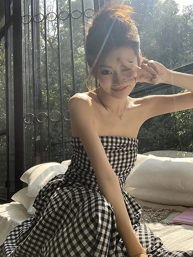 Casual Strapless Midi Dresses for Women Striped Sleeveless A-line Korean Chic Summer New Party Dress Vestidos Mujer