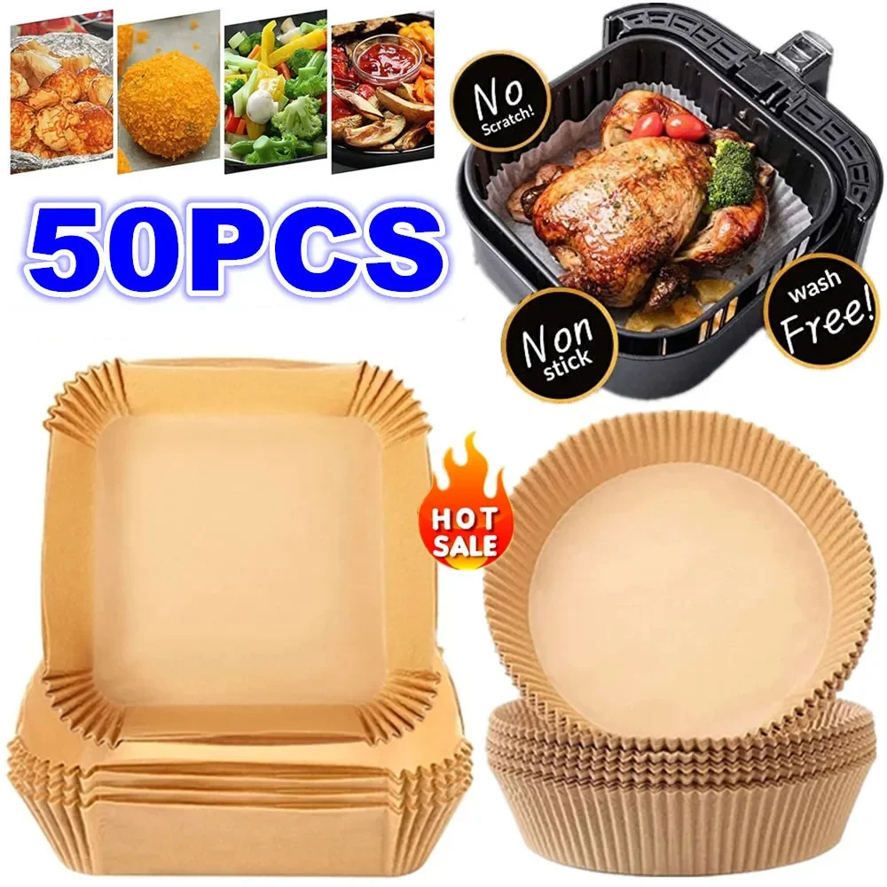 50pcs Air Fryer Baking Parchment,Disposable Air Fryer Paper Liners, Round  Paper Liner For Air Fryer Basket, Non-Stick, Oil Proof, Water Proof,  Cooking Baking Roasting Disposable Fryer Filter Paper Travel Essentials