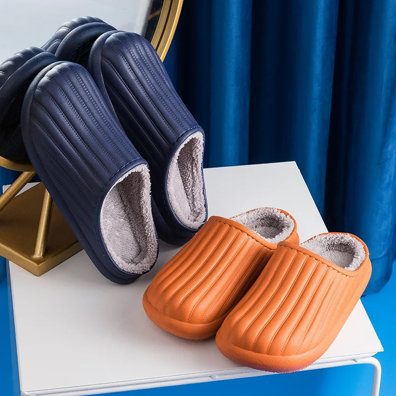 Shevalues Furry Cotton Slippers Women 2023 Winter Waterproof Leather Fur Slippers Indoor Comfortable Plush Couple Casual Slides