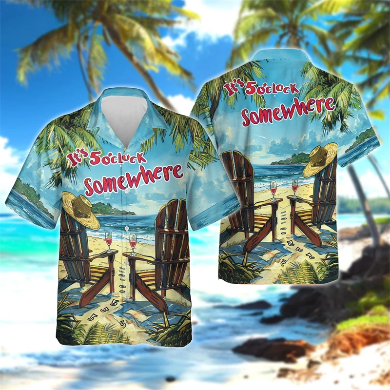 

It's 5 O'clock Somewhere Party Graphic Beach Shirts Cold Wine Parrot Shirt For Men Clothes Cute Husky Short Sleeve Vacation Tops