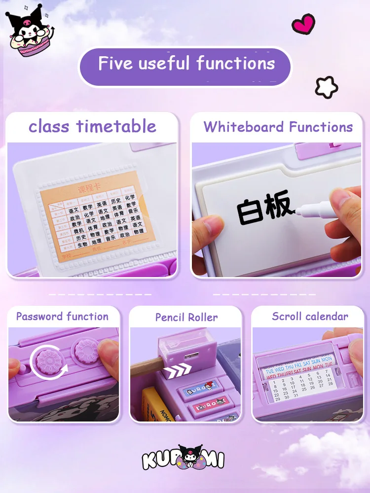 Pencil Cases Kuromi Melody Multi-functional Automatic Pen Case Combination Lock Pouch Large Capacity Stationery Box Desktop Storage