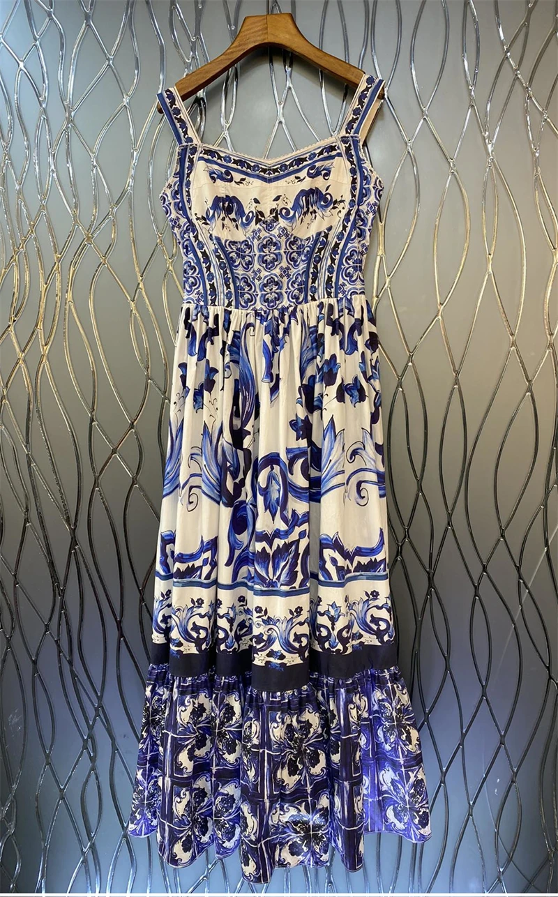 

100%Cotton Long Dress 2022 Summer Party Evening Women Spaghetti Strap Vintage Porcelain Prints Sexy Sleeveless Long Maxi Dress