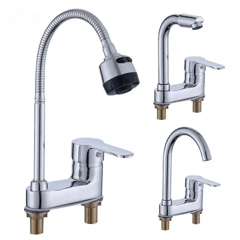 Brass Kitchen Washbasin Faucet Hot Cold Water Tap Double Hole Deck Mounted Stopcock Electriplated Bibcock Household Hardware