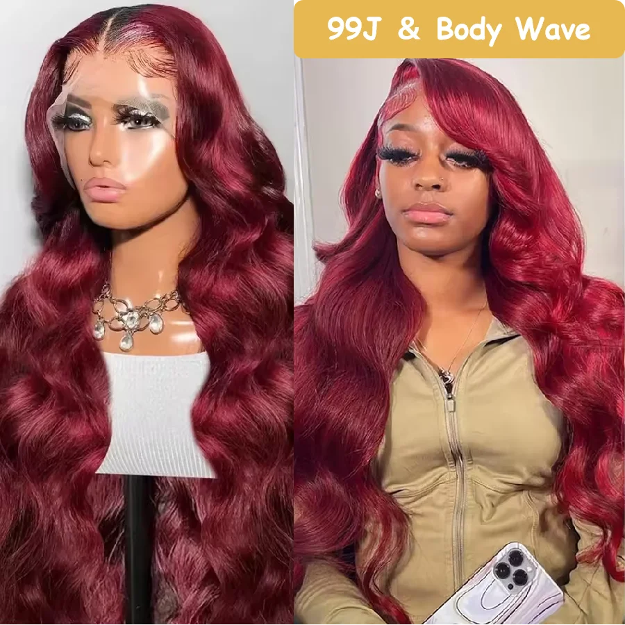 99J Burgundy Lace Frontal Wig 13x6 Body Wave Lace Front Wig HD Transparent Lace Frontal Wig Human Hair Pre Plucked 99j Red Color 1