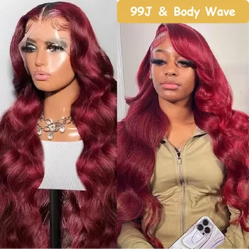 99J Burgundy Lace Frontal Wig 13x6 Body Wave Lace Front Wig HD Transparent Lace Frontal Wig Human Hair Pre Plucked 99j Red Color 1