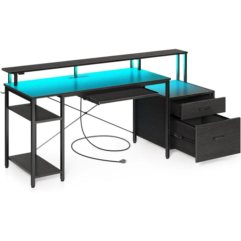 

Компьютерный стол Rolanstar, 65 дюймов, с выдвижным ящиком для файлов, игровой стол с искусственным пространством и розетками питания, стол для дома и офиса с шкафом для файлов