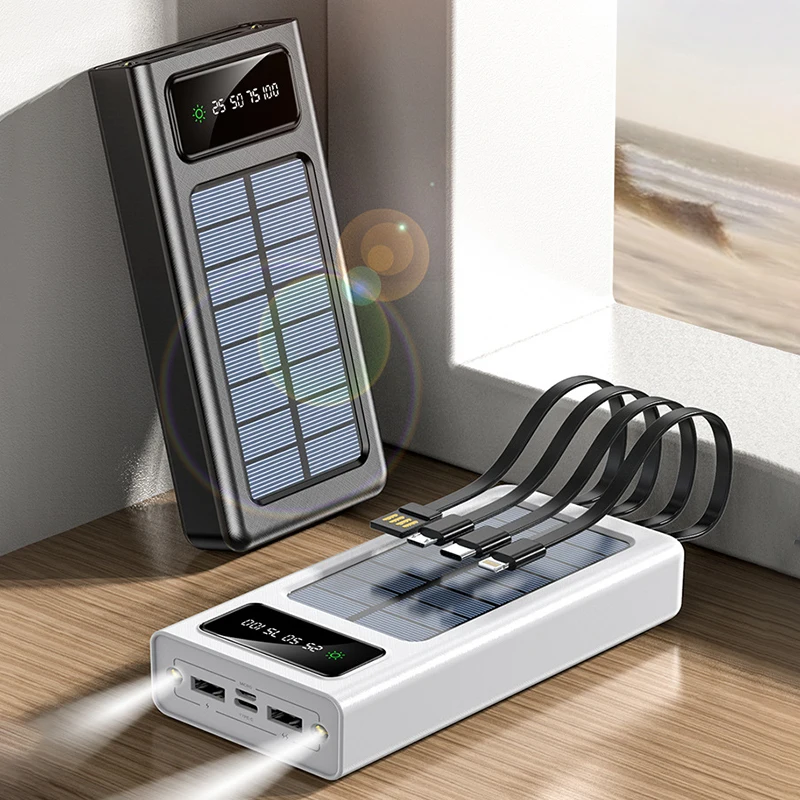 10000-50000mAh Outdoor Solar Power Bank with LED Light Hiking Supplies Large Capacity Fast Charging Battery Phone Power Bank