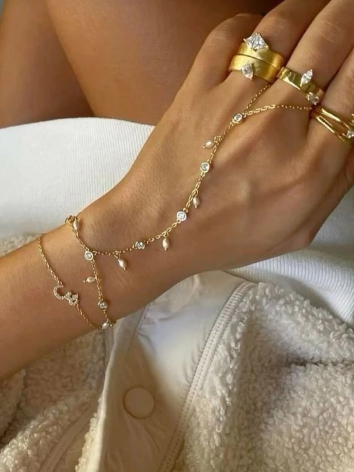 Mini Imitation Pearl Charm Finger Linked Bracelet