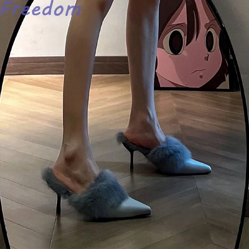 

Furry high heels women outside wear fall and winter new pointed head half slippers furry Mueller slippers