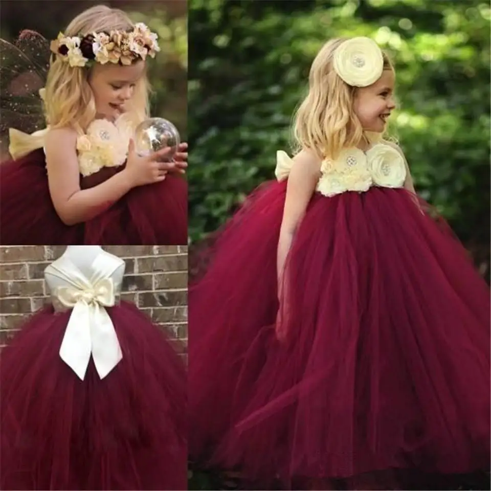 

Flower Girl Dresses Tulle Wine Colors Sleeveless Dresses Pageant For Prom Princess Birthday Party First Communion Kids