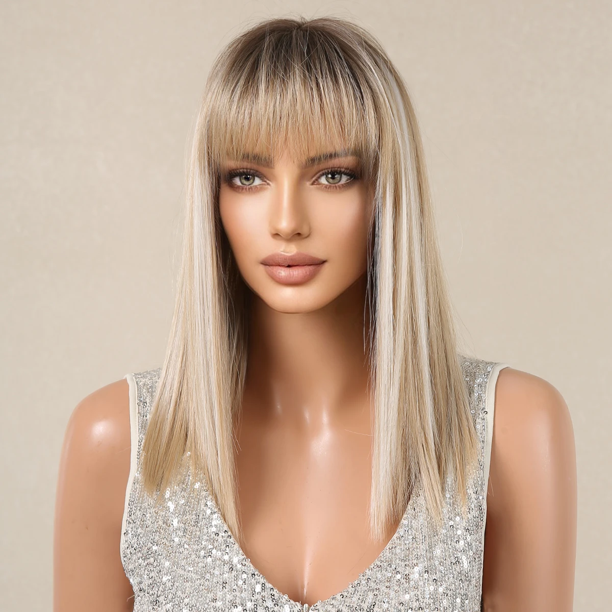 HENRY MARGU Blonde Silky Straight Synthetic Wigs with Bangs Medium Long Natural Platinum Wig for Women Cosplay Heat Resistant