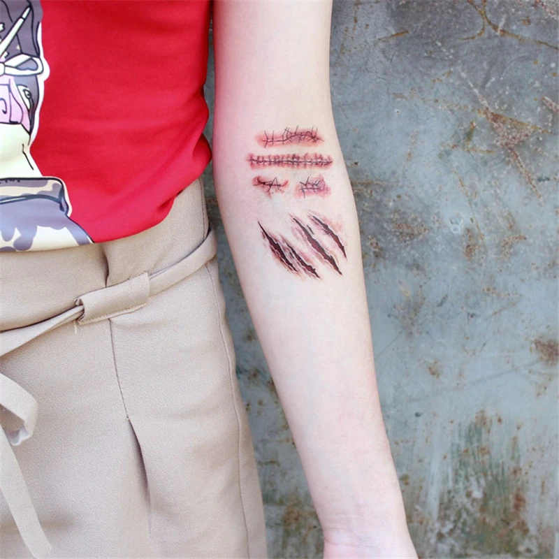 Halloween Waterproof Temporary Tattoos Paper For Men Women Boy Scar Wound Realistic Blood Injury Fash Tattoo Sticker