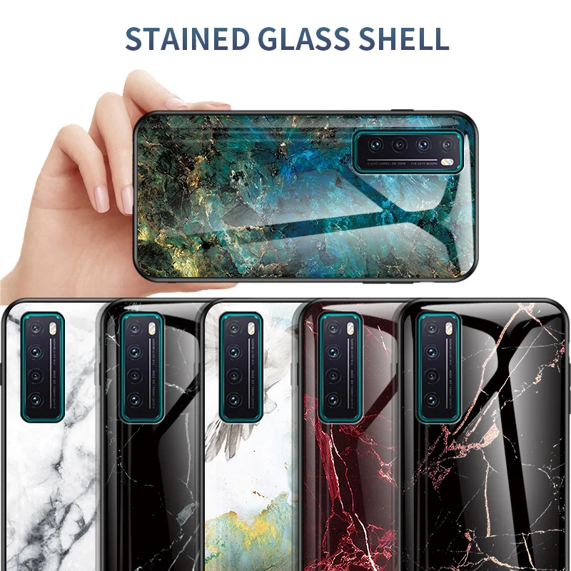 Marble Tempered Glass Hard Back Cover with Silicone Bumper