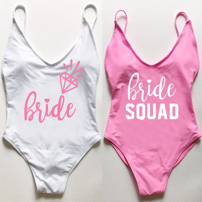 Padded One Piece Swimsuit Sexy BRIDE SQUAD Letter Print Swimwear Women Bikini Bathing Suit Summer Bodysuit Backless monokini One Piece Swimsuit Women Bodysuit