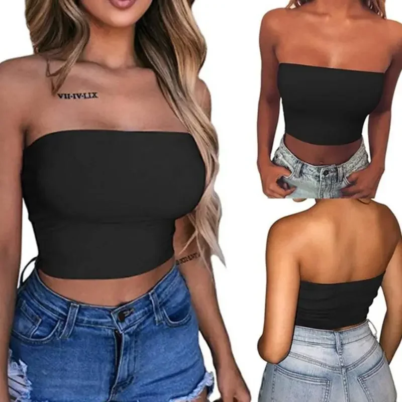 Women tube tops womens sexy strapless off shoulder crop tube top solid color stretchy bandeau