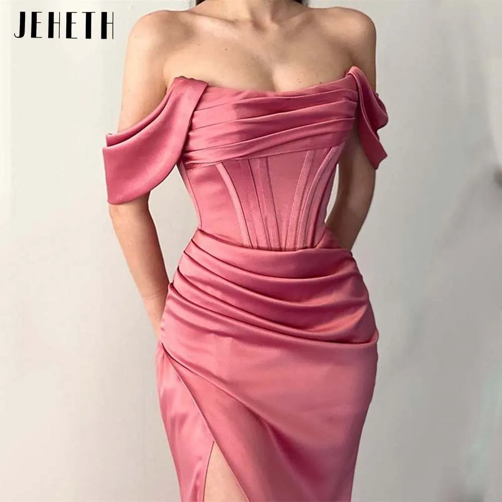 JEHETH Off The Shoulder Mermaid Evening Dresses For Women Formal Simple Satin Split Prom Special Occasion Gown vestidos de noche