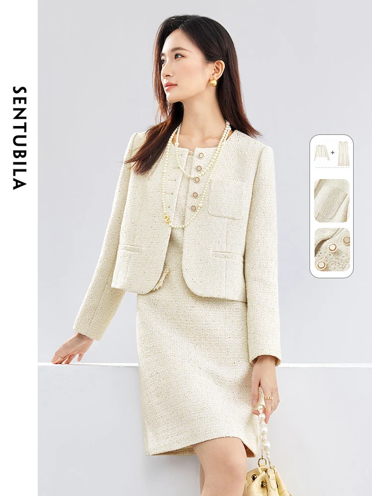 2023 new jumpsuit commuting work office contrast paneled sleeveless notched collar sequin women s elegant fashion jumpsuits SENTUBILA Spring Elegant Sequin Tweed Set Women 2 Piece Crop Jacket & Sleeveless Mini Dress 2024 Fashion Matching Sets 141Z52855