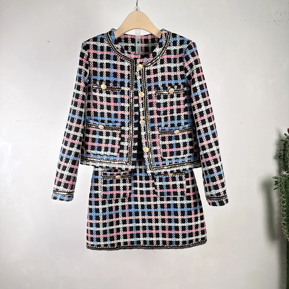 Women French Vintage Plaid Long-sleeved Coat + Mini Skirt Tweed Suit Casual Chic High Quality Small Fragrance Two-piece lady Set