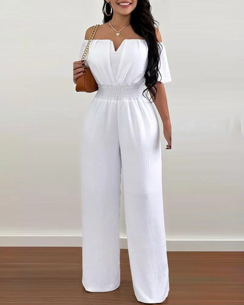 

2023 Summer Jumpsuits for Women Fashion Off Shoulder Casual High Waisted Plain Short Sleeve Daily Long Wide Leg Pants Jumpsuit