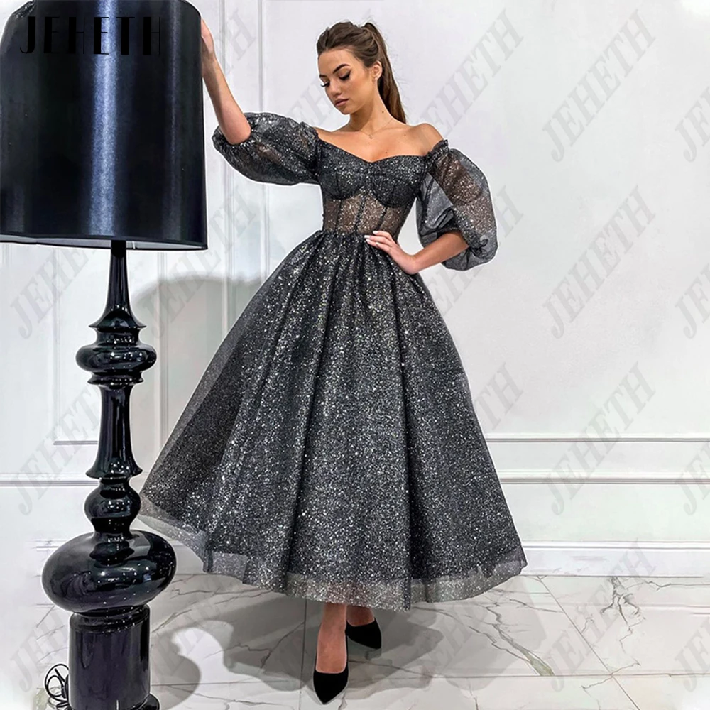 

JEHETH Fashion Sweetheart Prom Dresses Glitter Off Shoulder Short Sleeves Party Gowns Tulle A-Line Modern vestidos de graduación