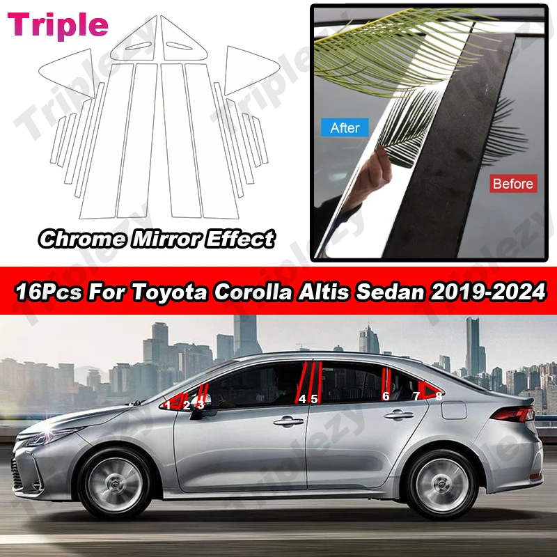 

Глянцевый хромированный поликарбонатный материал, 16 шт., накладка на дверь, окно, столб, отделка, автомобильные аксессуары для Toyota Corolla Altis Sedan 2019-2024