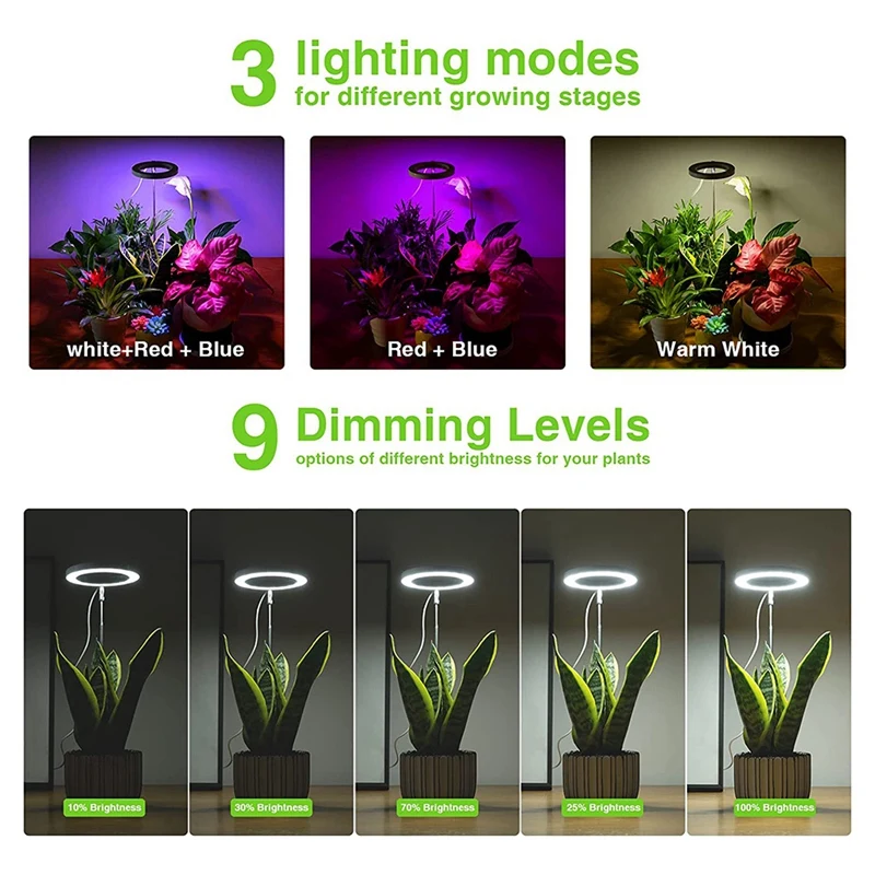Grow Lights for Indoor Plants, Full Spectrum LED Halo Plant Light with Stand Height Adjustable Auto Timer, for Plants