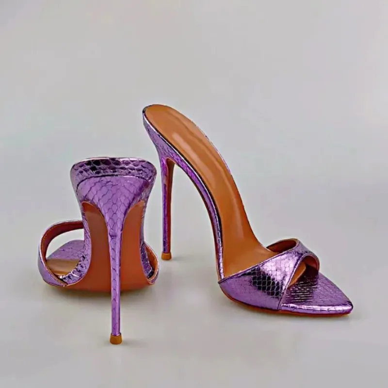 

Arden Furtado 2023 Summer Metal snake pattern Pointed toe Open toe Stilettos heels Sexy Woman's Versatile Word slippers