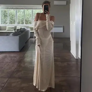 Yiiciovy Summer Beach Cover-Ups Women Long Sleeve Dress Knitted Cutout See-through Long Party Dress for Beach Club Streetwear 1