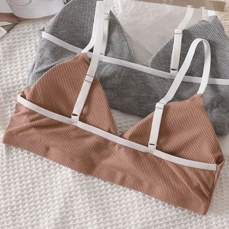 Women Cotton Bra Set Briefs Low Waist Panties Wire Free Bralette Sport Lingerie Vneck Brassiere Underwear Set
