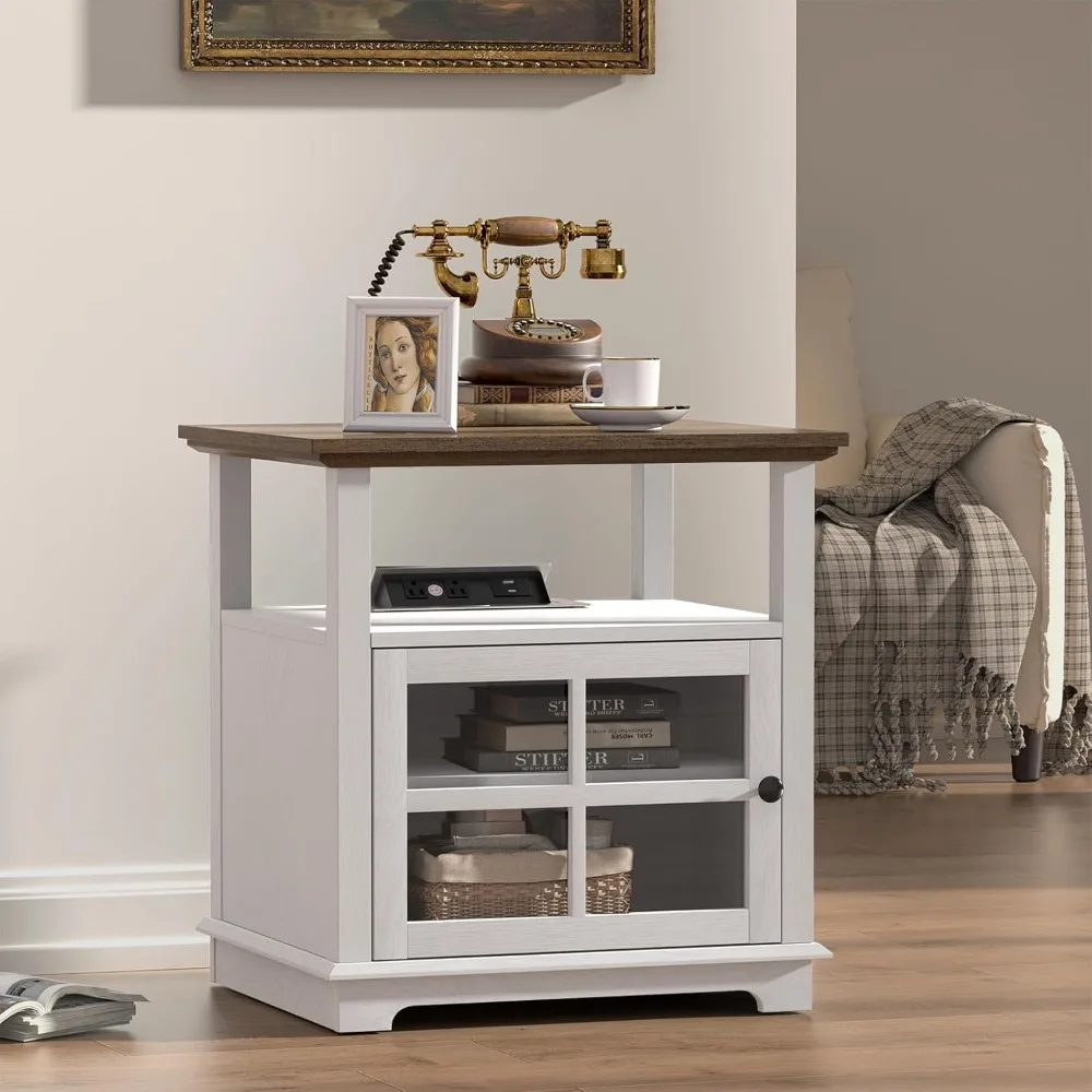 End Table, 21'' Side Table with Charging Station, End Table with Storage, Nightstand with Adjustable Shelf for Living Room 3