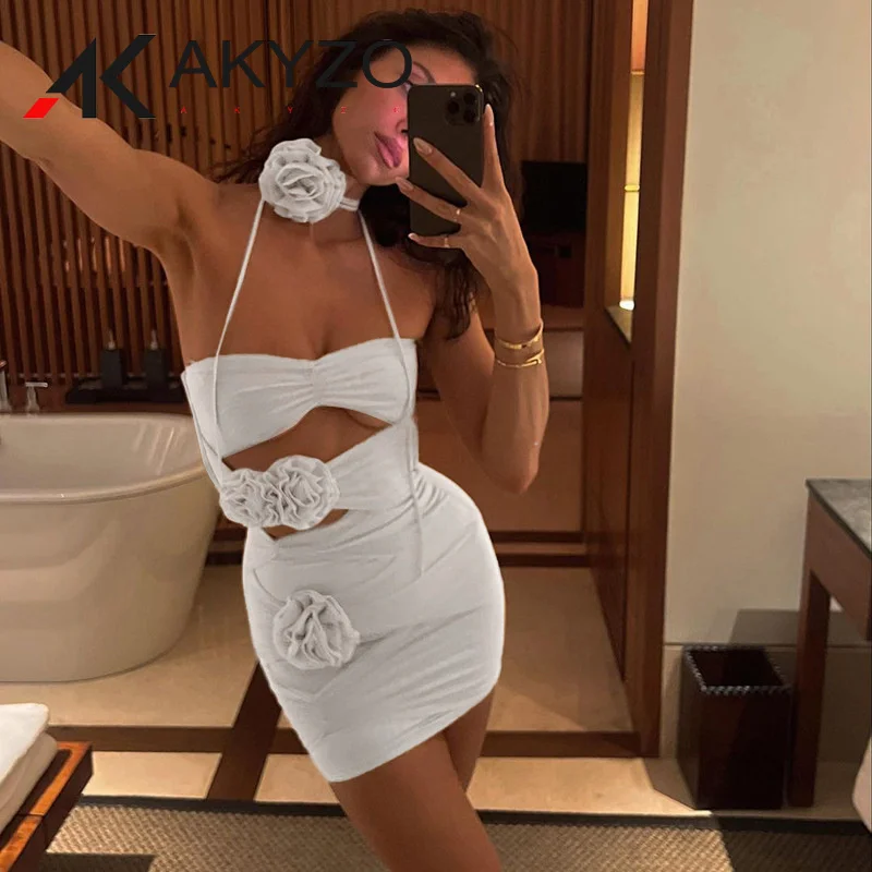 

Daring Sexy Short Dresses Strapless Flower Mesh Dress Hollow Out Ruched Dress Chic and Elegant Woman Dress Party Club Vestidos