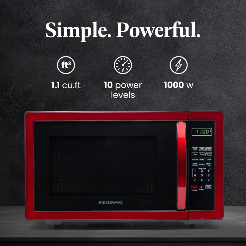 Farberware Countertop Microwave 1000 Watts, 1.1 cu ft. Microwave Oven With LED Lighting and Child Lock - Easy Clean Metallic Red 2
