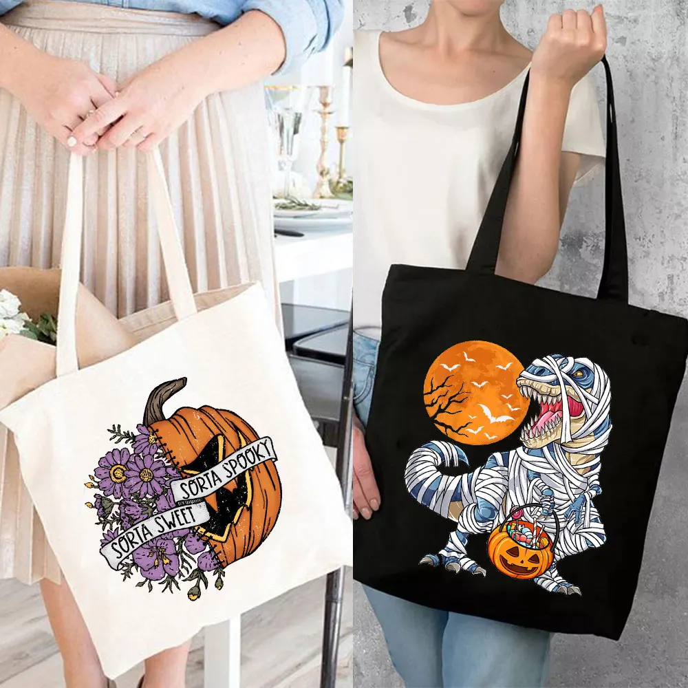 

Sweet Spooky Woman Canvas Cute Tote Bag Pumpkin Halloween gift for kids Bolsos Eco Side Bag Ladies Student Toiletries Organizers